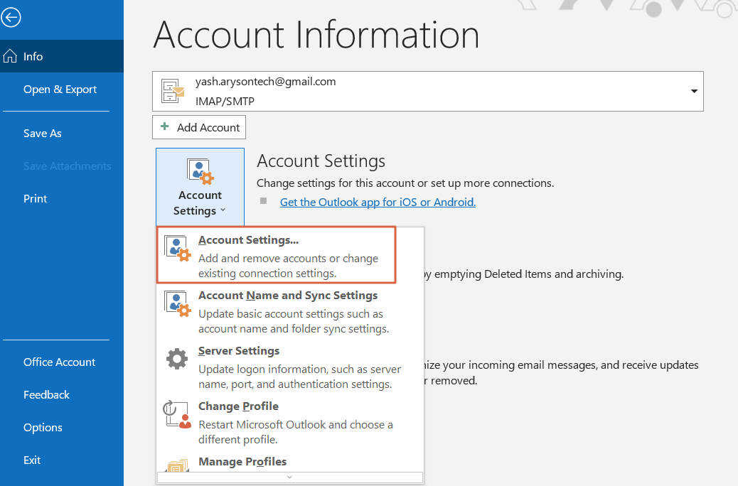 Go to Account Settings option to fix Outlook IMAP Error 0x800ccc0e