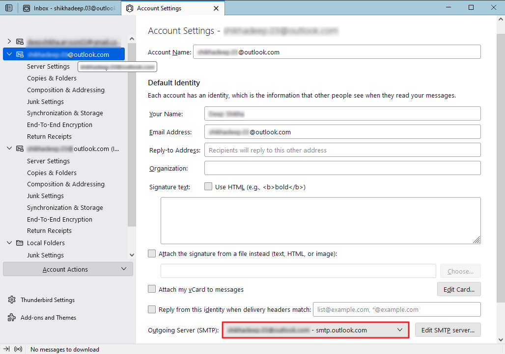 smtp server for the selected email address