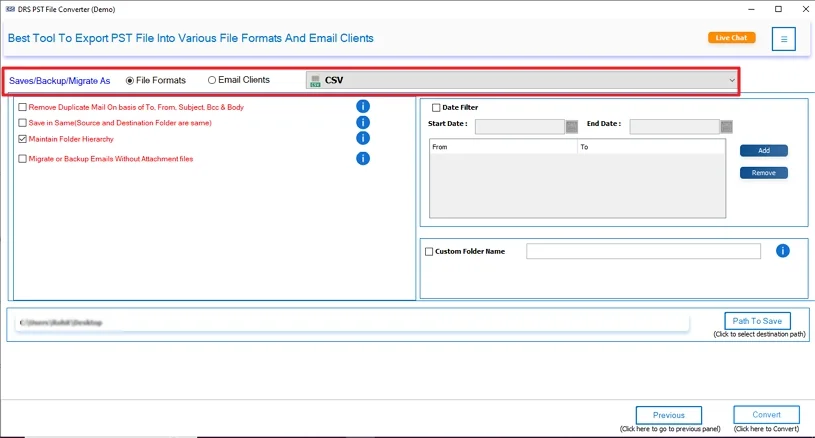 Choose CSV as the file format