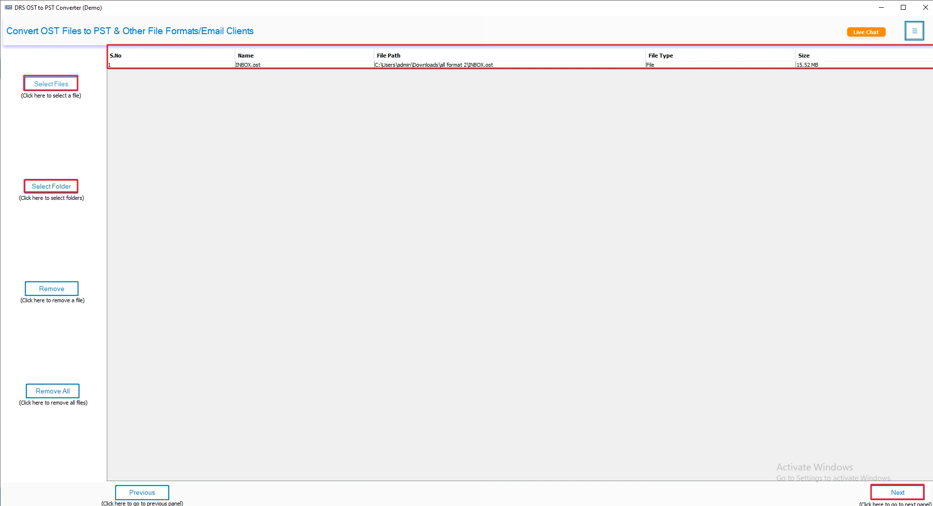 Click Select Files/Select Folder to load the OST files