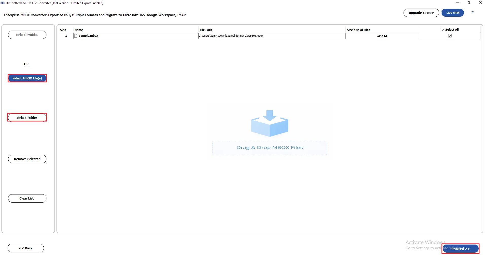Click Select MBOX Files/Select Folder to load MBOX files and press Proceed