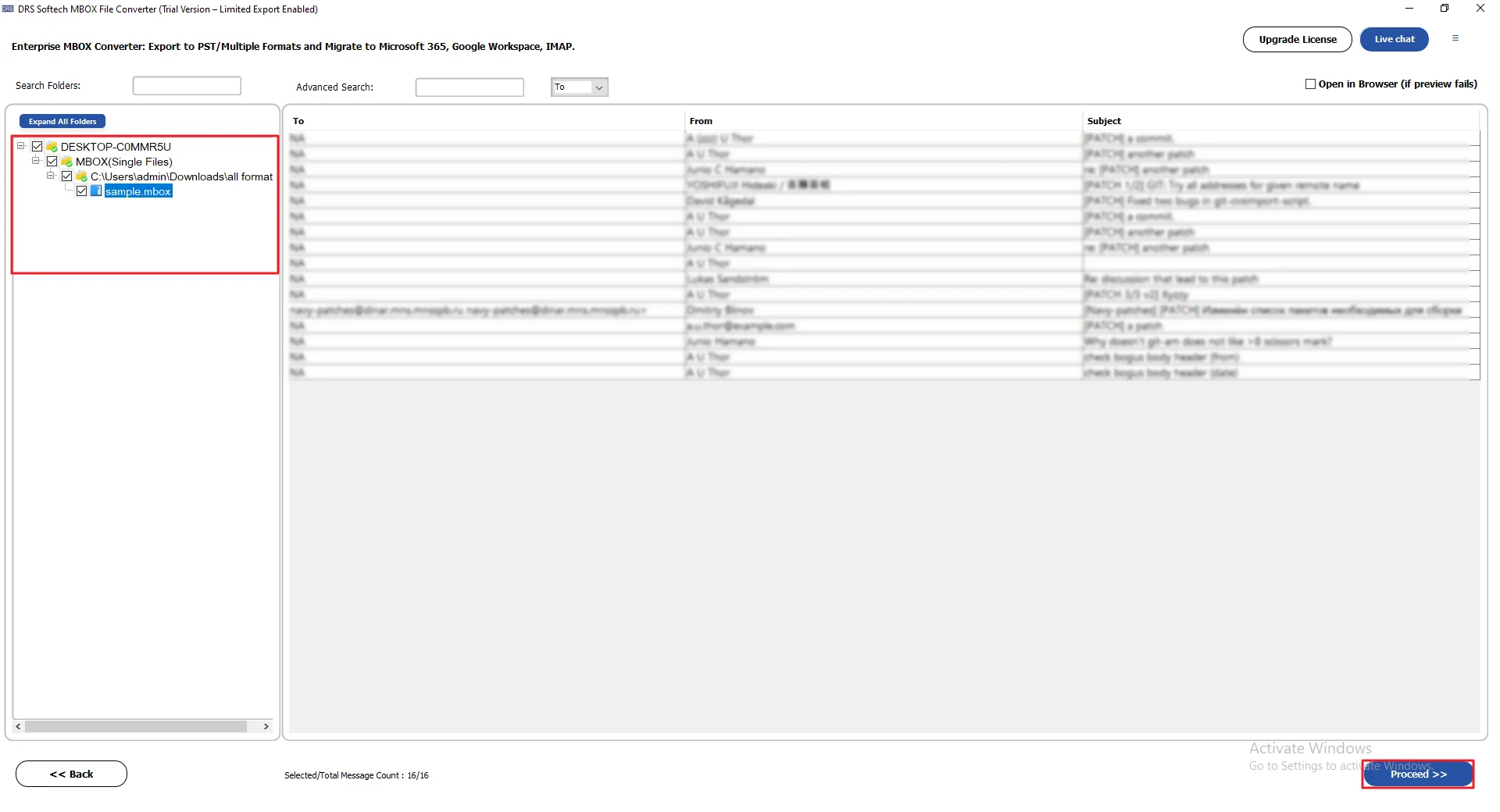 Preview and select the MBOX files. Click Proceed