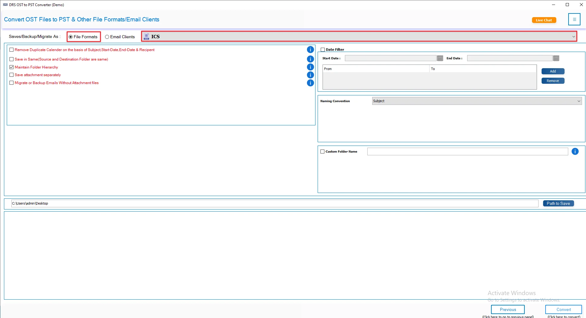 Choose ICS as the saving file format