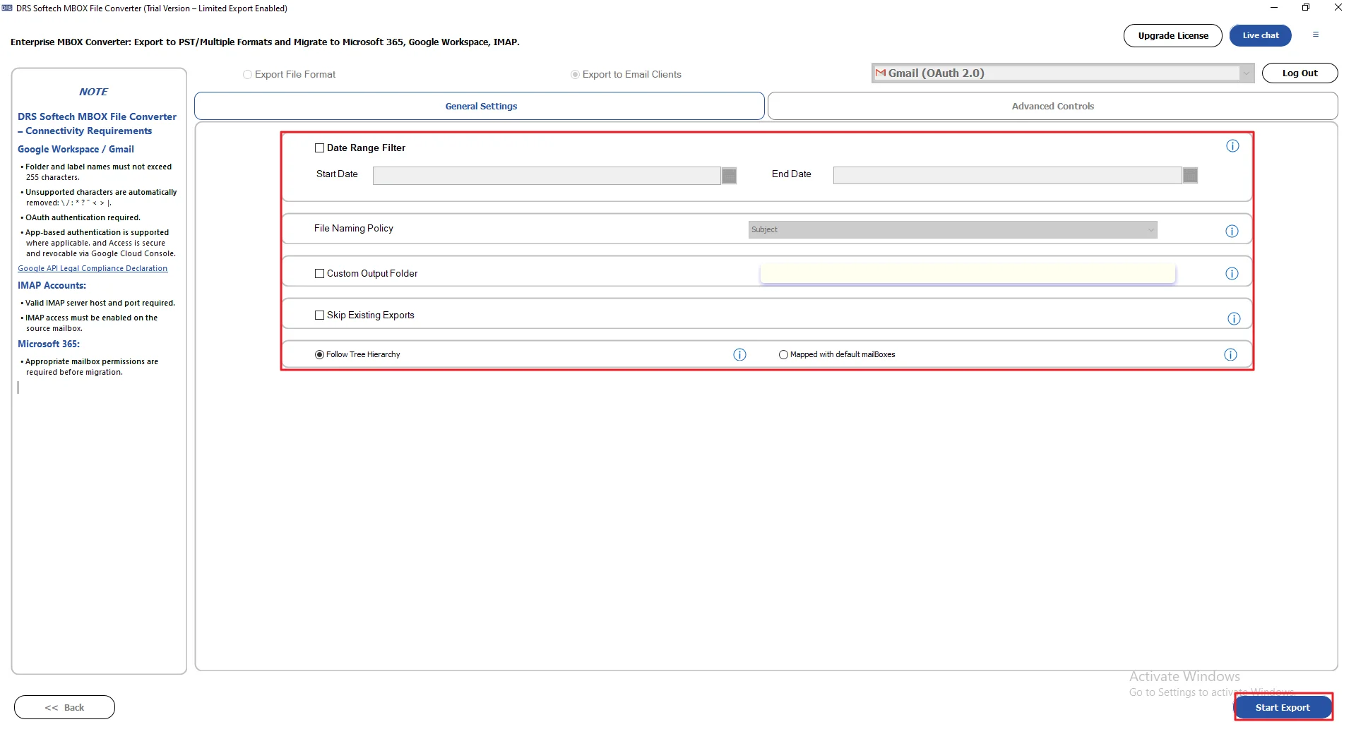 Apply filters/features and click Start Export