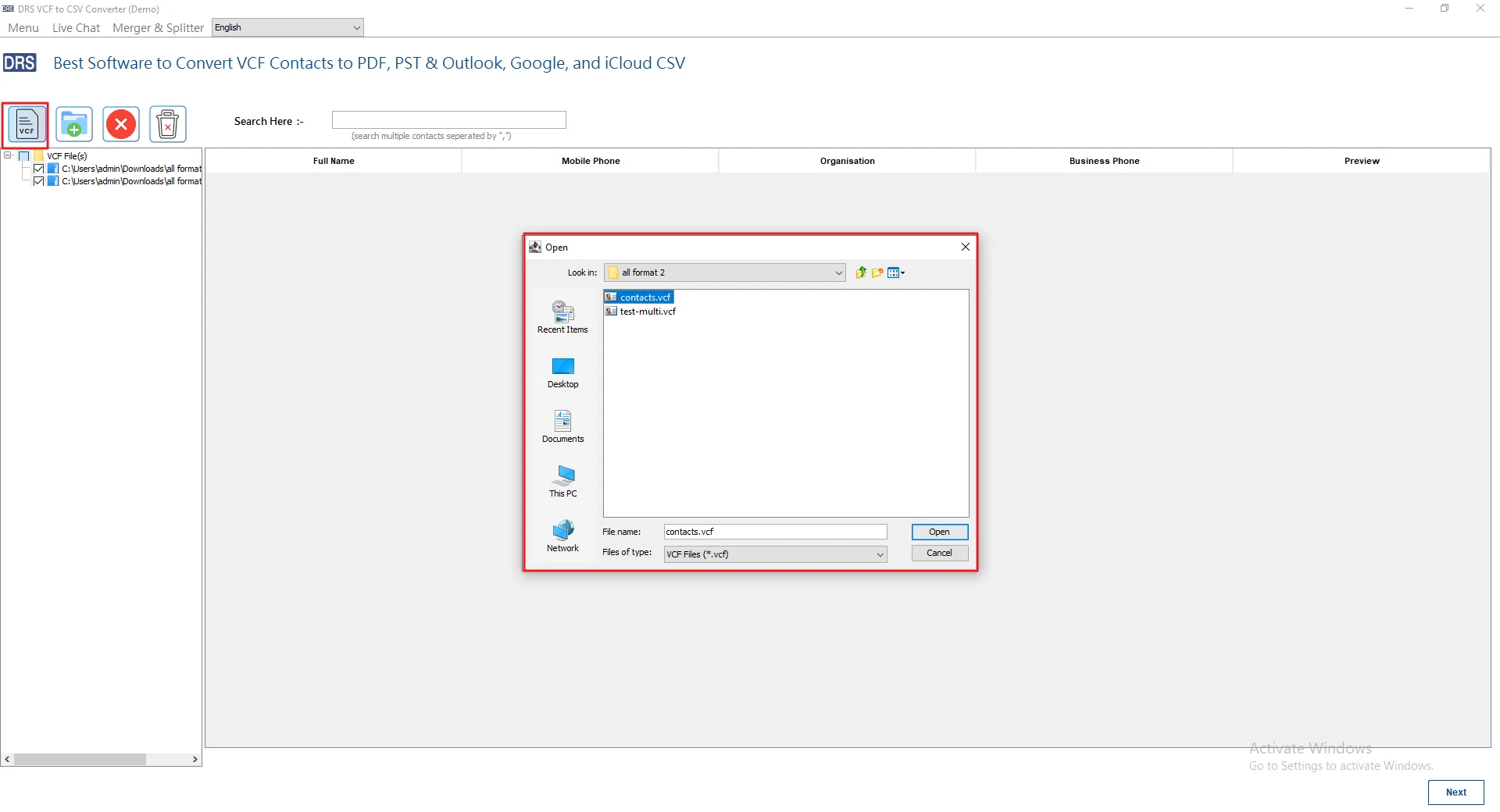 Click the VCF icon and select the contact file you want to add