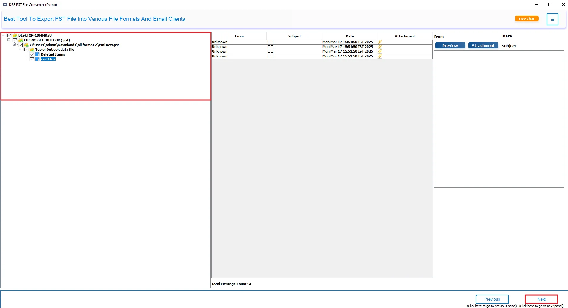 Preview and select the PST files, and press Next