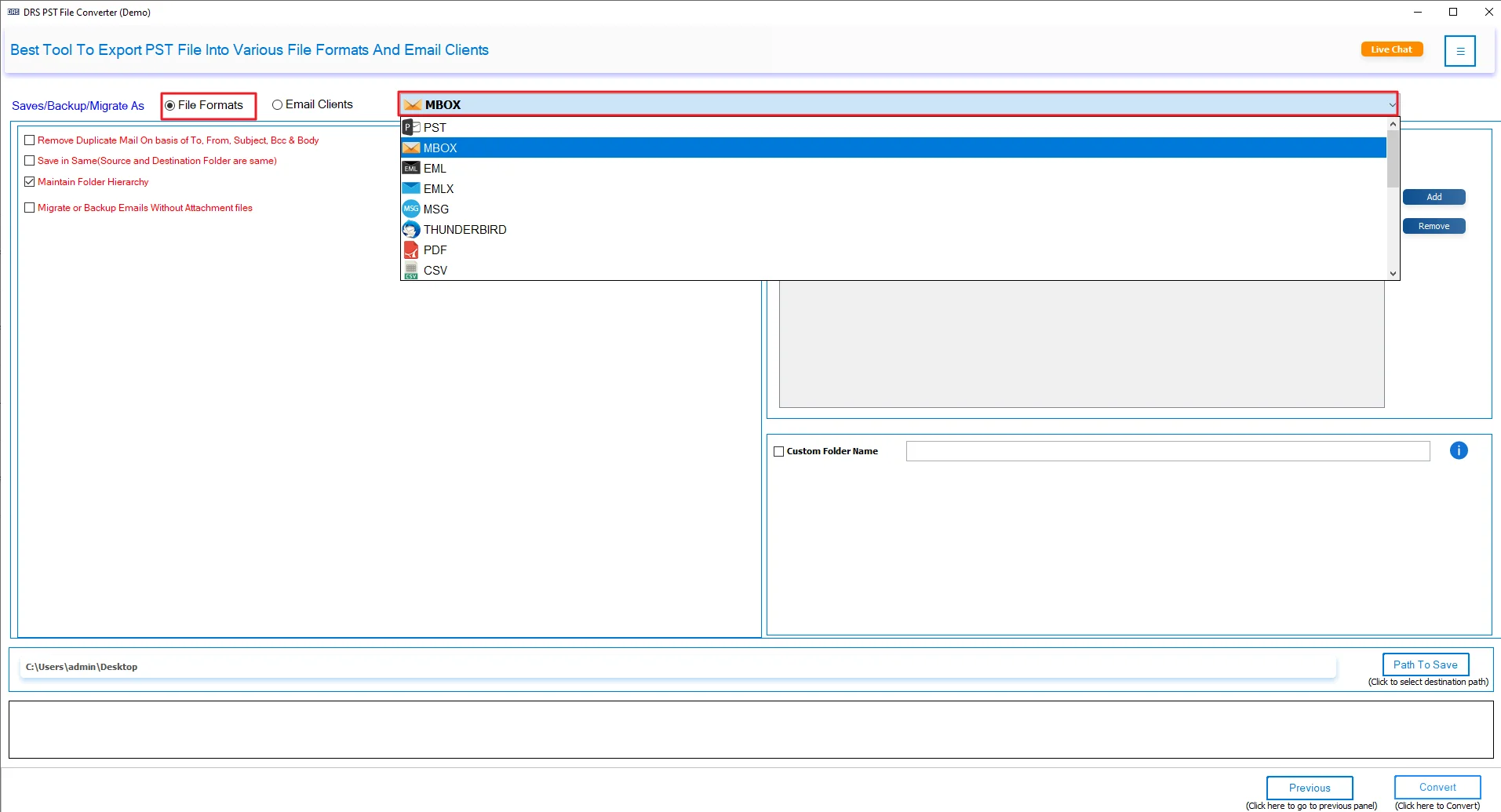 Choose MBOX as the saving file format