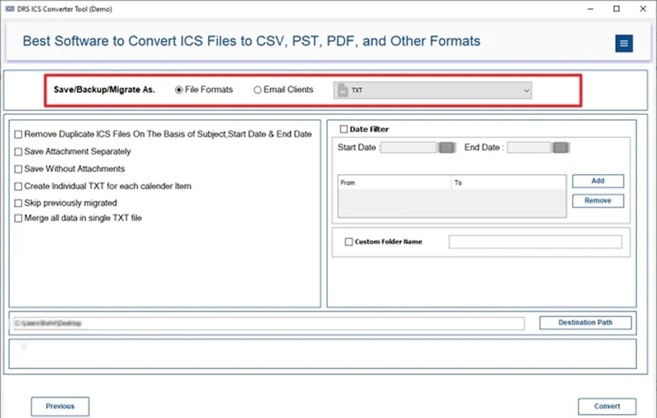 Convert ICS to TXT