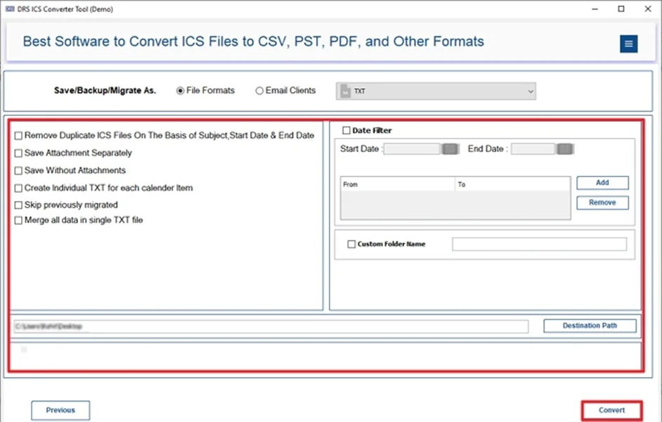 Convert ICS to TXT