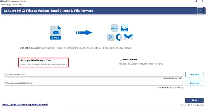 Firstly, install the MigrateEmails EMLX File Converter Tool and click Next to move ahead.
