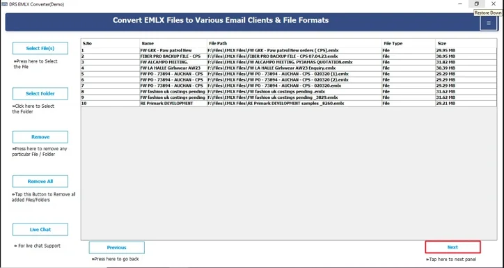 Click Select File(s)/Folders, upload the EMLX file that you want to convert, and click Next.
