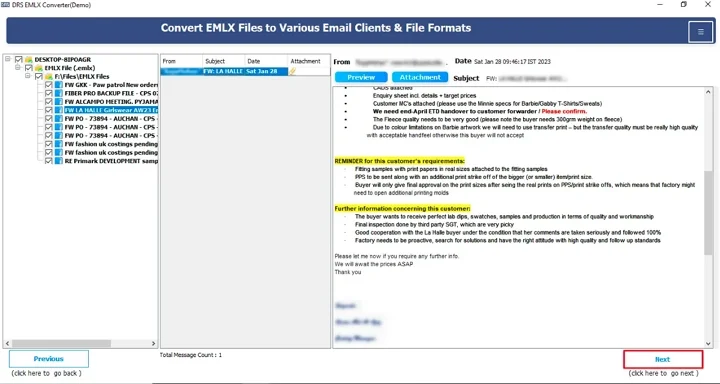 Expand the tree structure, preview the mailbox, and click Next.\