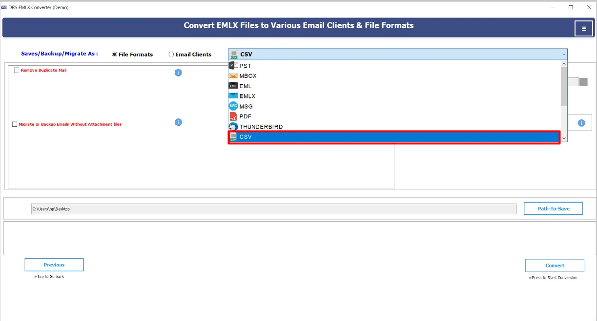 Further, choose CSV as the saving file format.