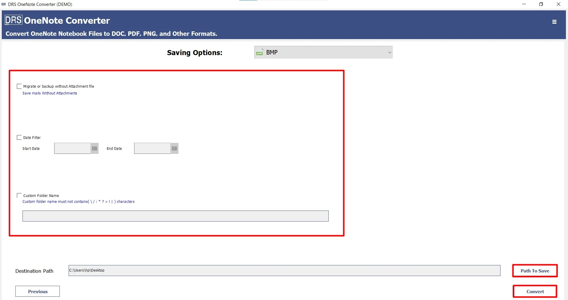 Finally, set filters and path accordingly, and click Convert to start the process