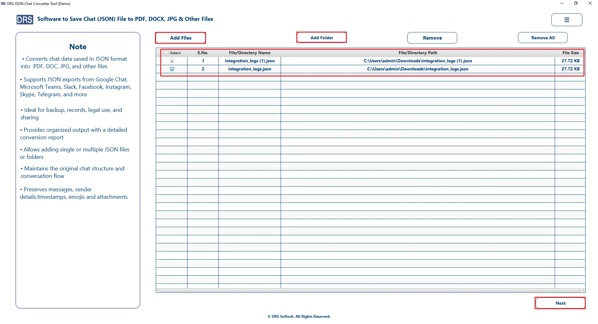 Use Add File or Add Folder to import the JSON data. Click Next