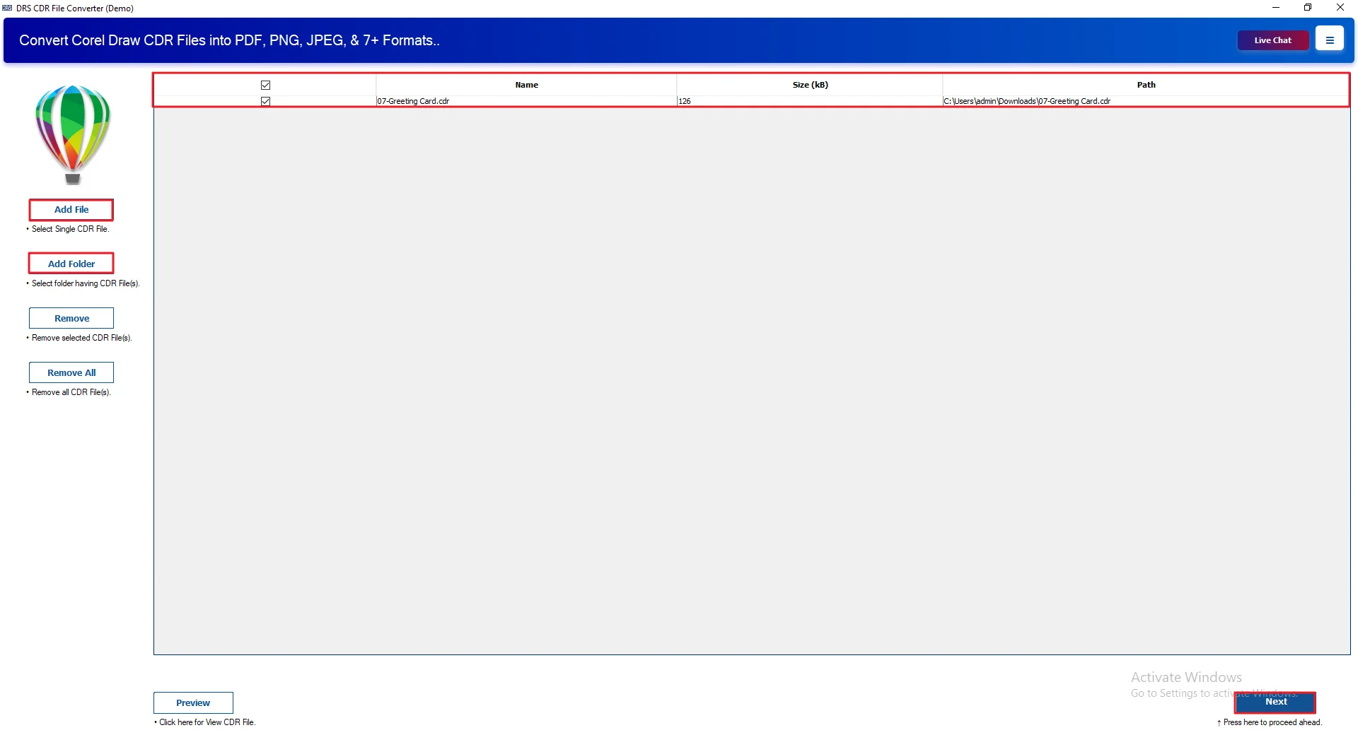Click Select File or Select Folder to add the CDR file, and click Next