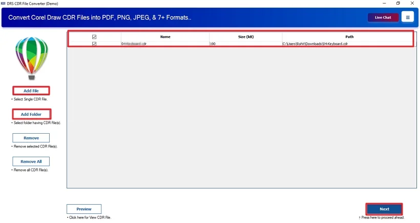 Click Select File or Select Folder to add your CDR files