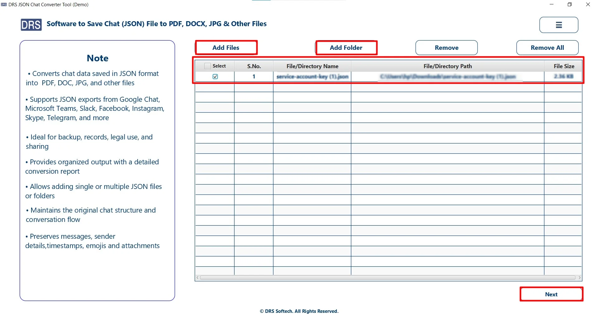 Add Files/Folders, upload the JSON file that you want to convert