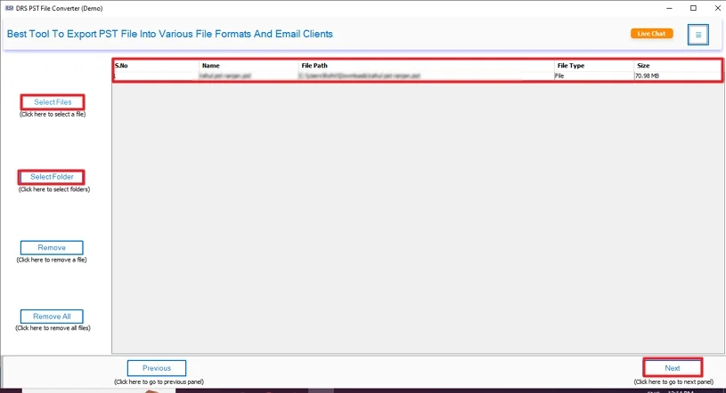 Choose “Select Files” or “Select Folder” to add your PST files
