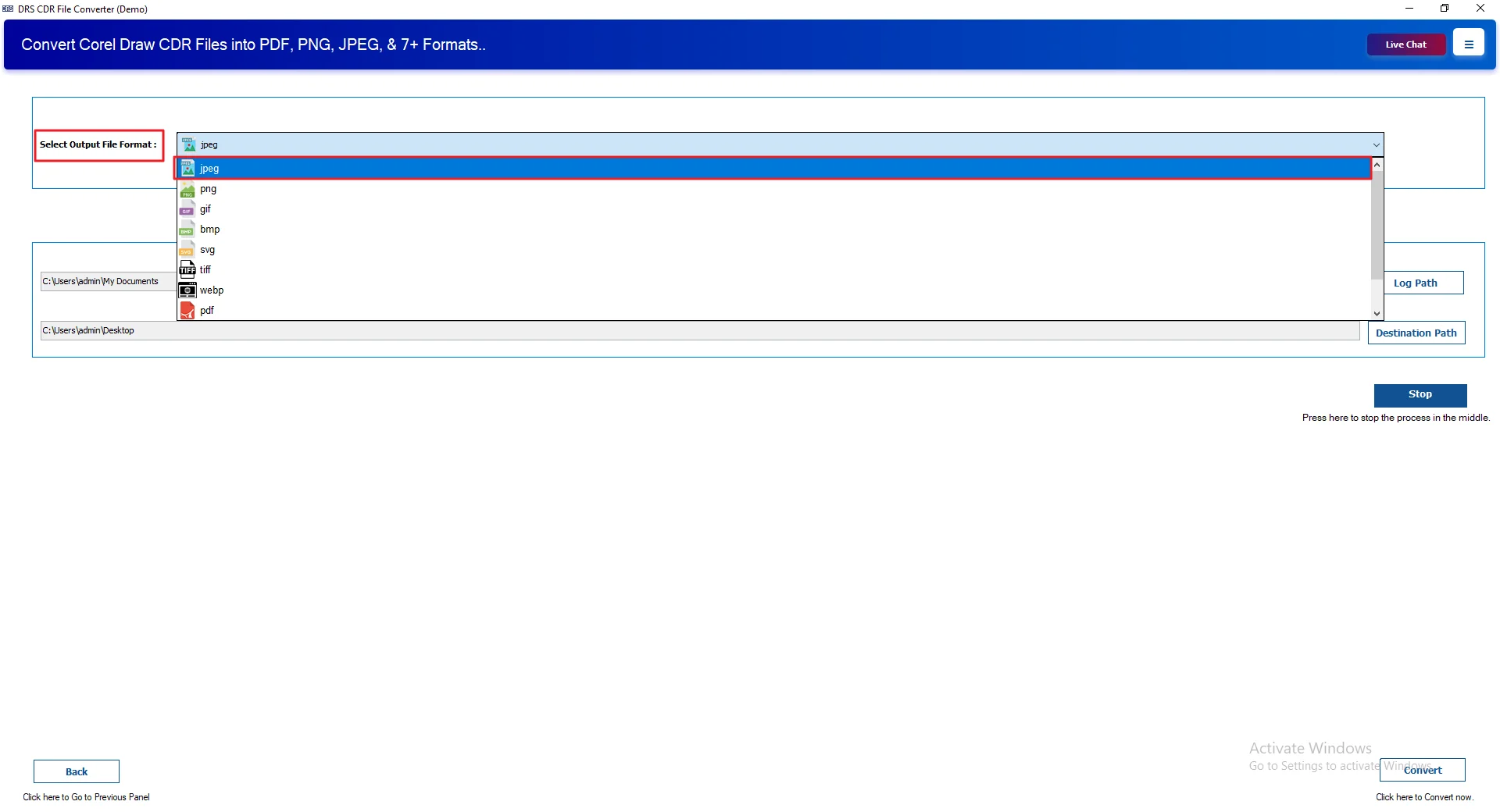 Choose JPG as the output file format