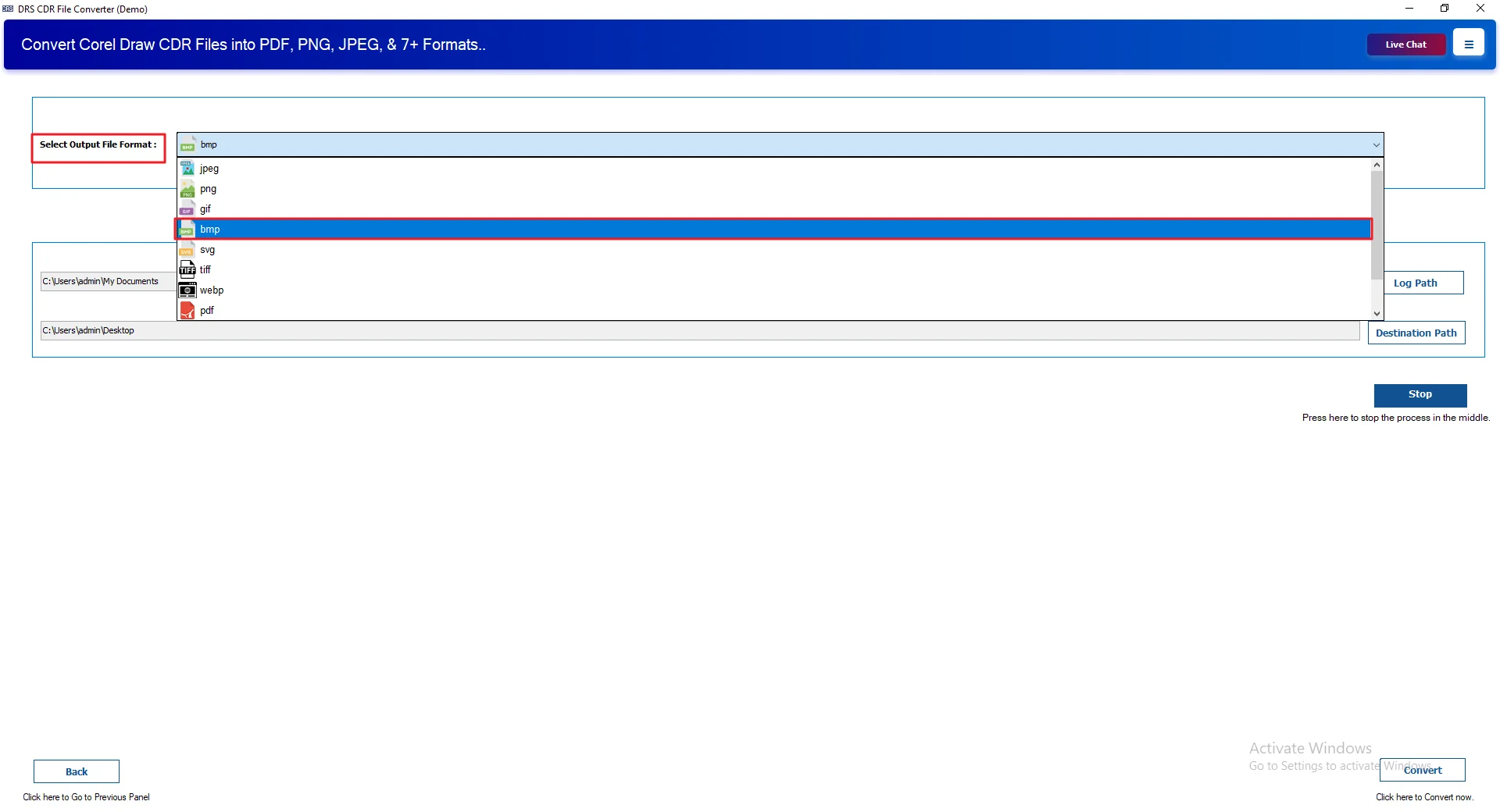 Select BMP as the output file format