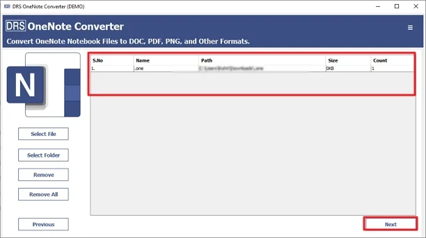 Then, you can preview and select the OneNote files to convert. Hit Next.