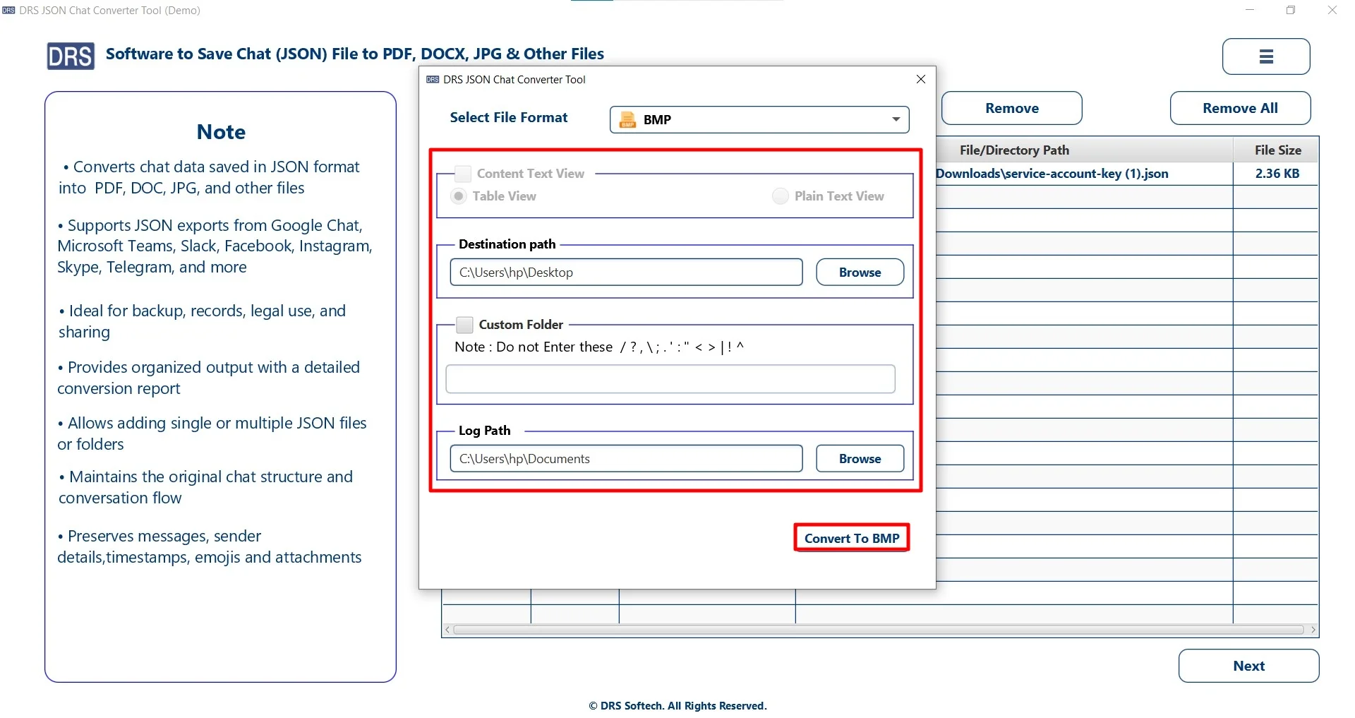 Apply filters, set the path, and click Convert to BMP to start the process