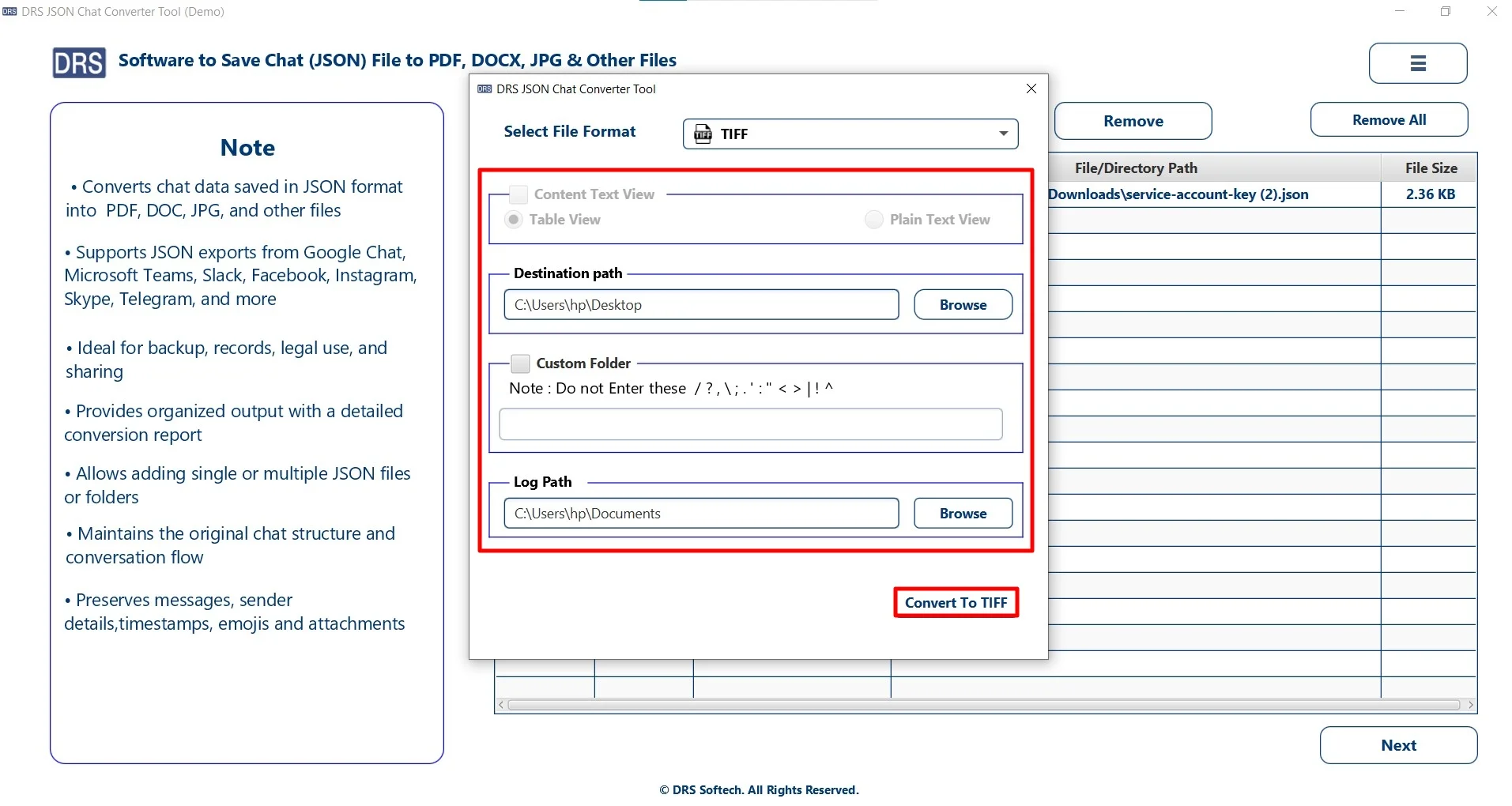 Apply advanced features, set the path, and press Convert to TIFF