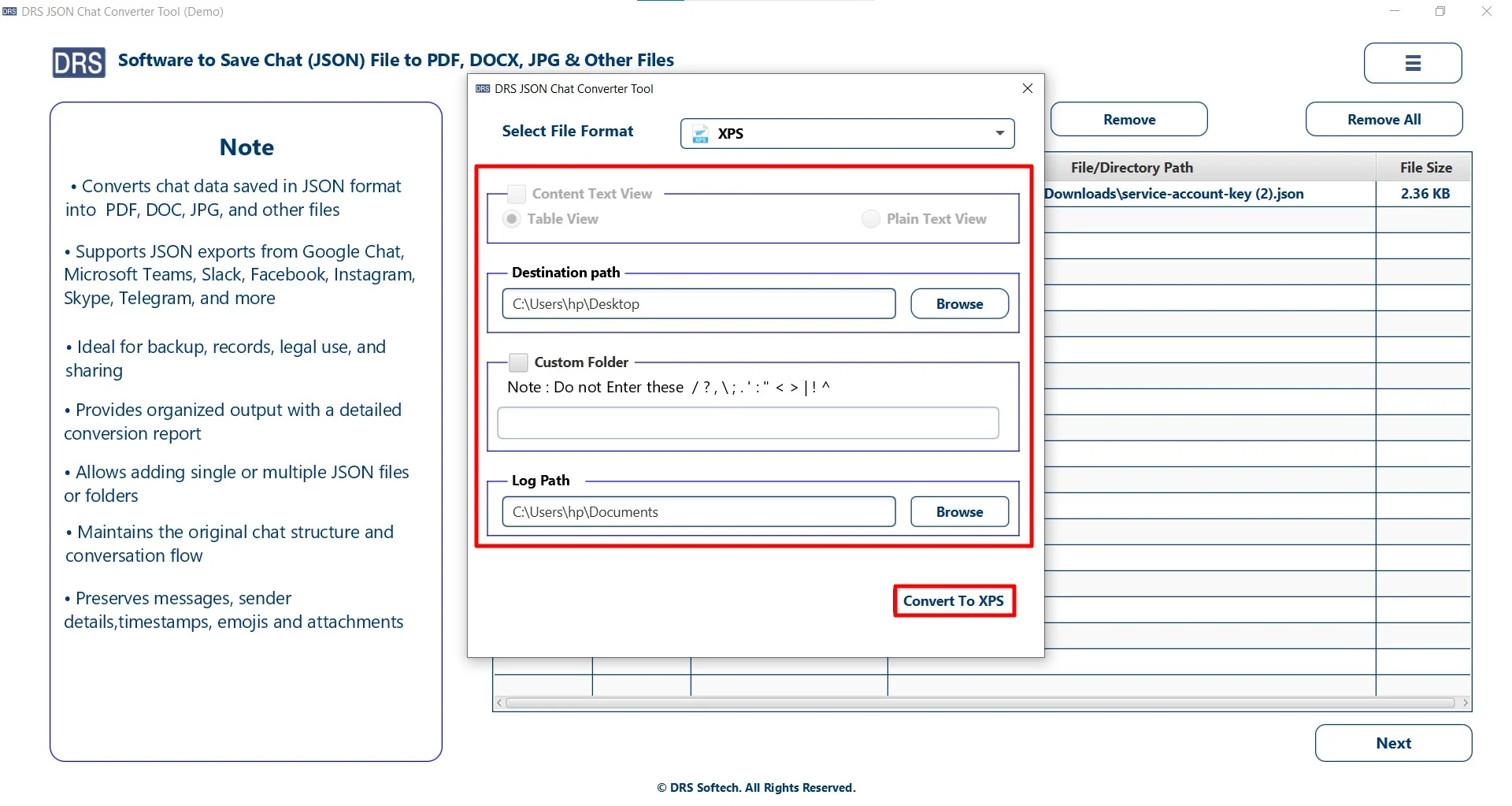 Apply filters, set the location to save the file, and click Convert to XPS