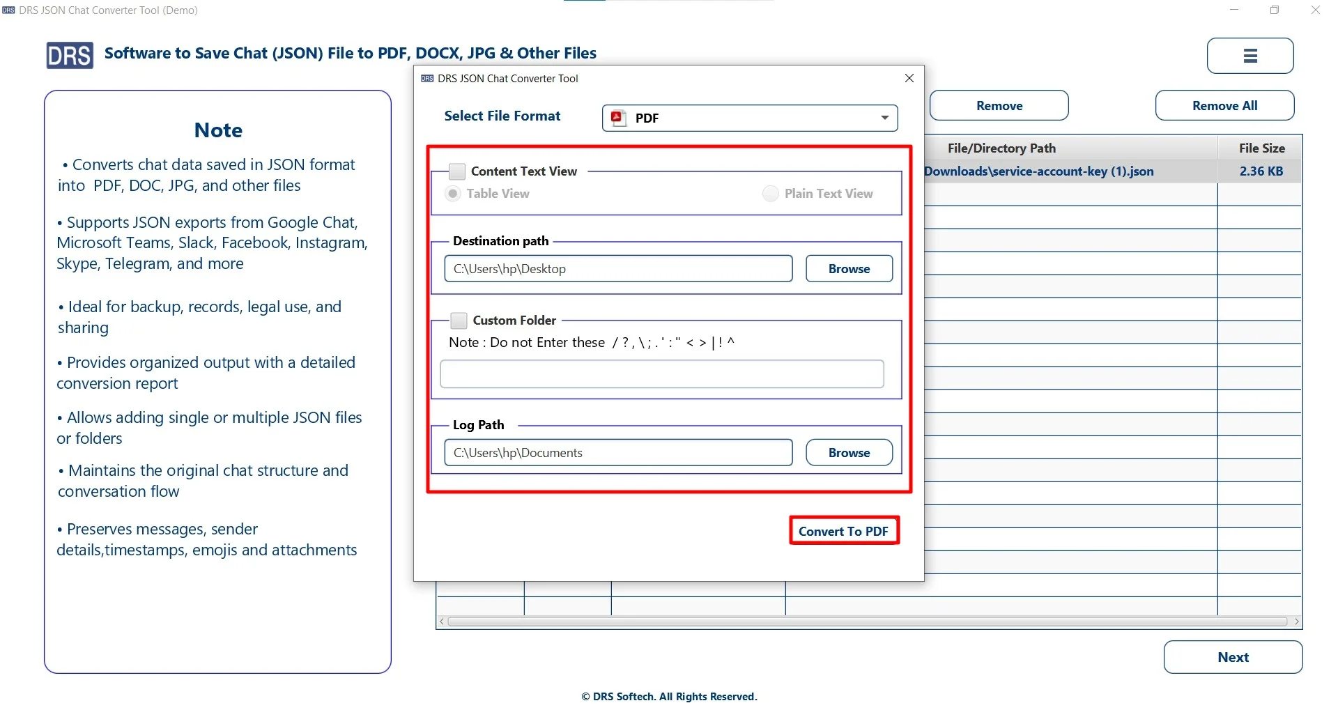 Finally, apply the filters, set the path to save the file, and click Convert to PDF