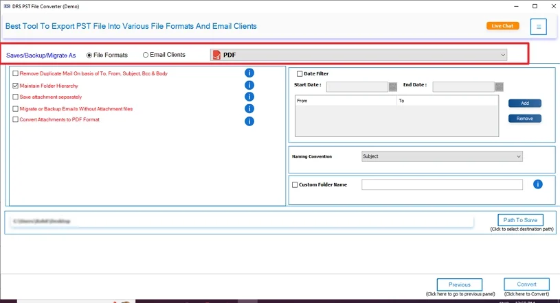 Choose PDF as the Saving Format