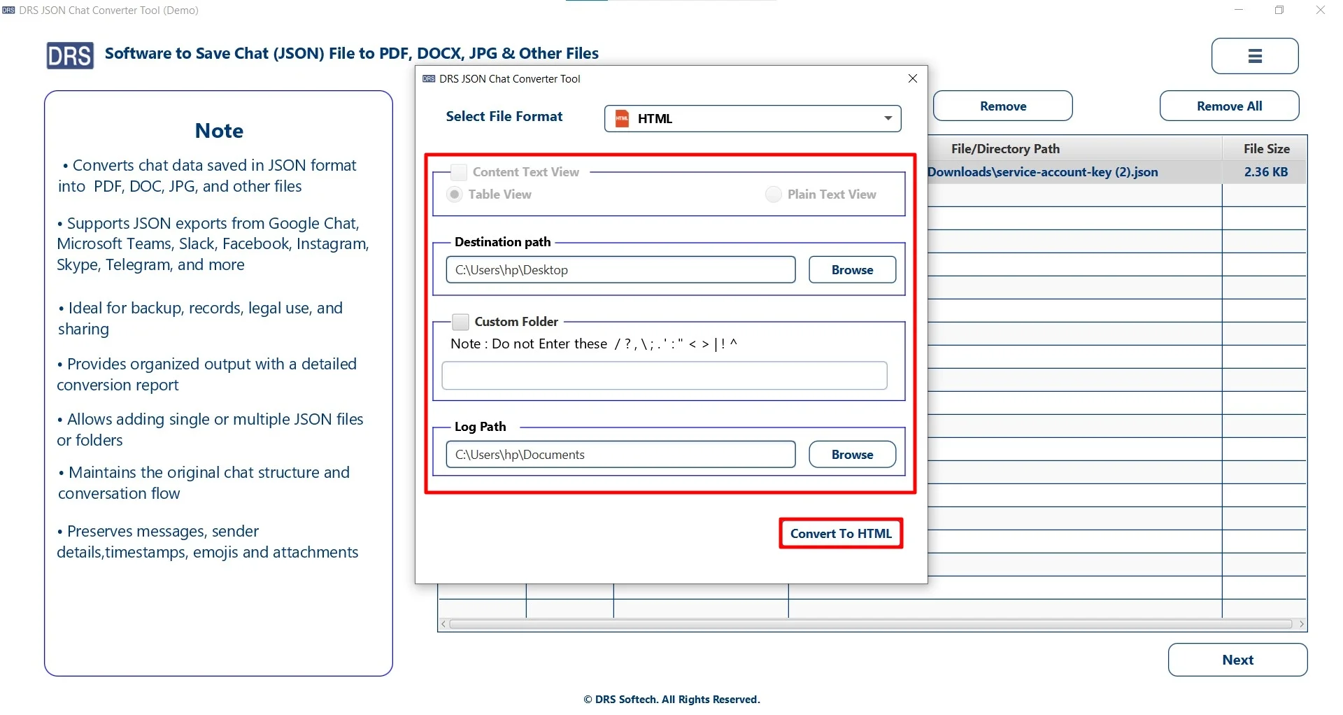 Apply advanced filters, set the destination to save the file, and click Convert to HTML