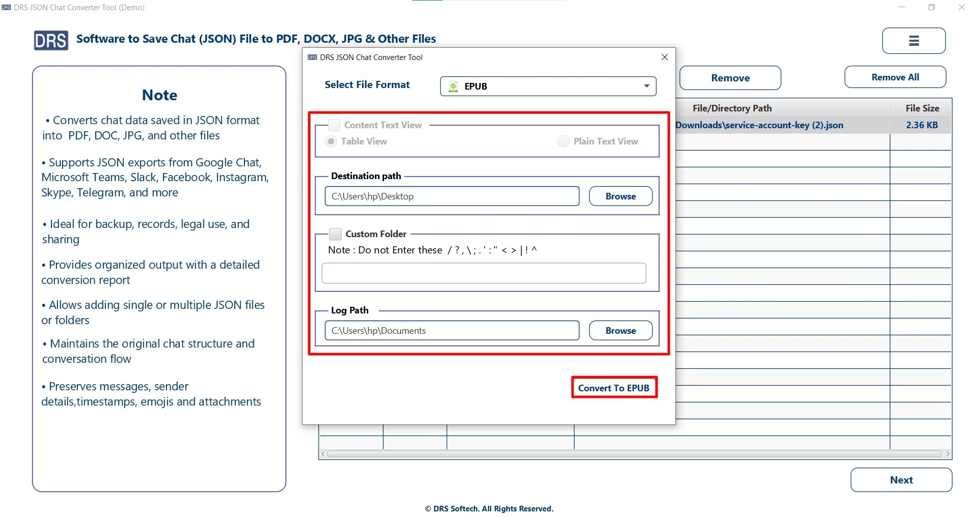 set filters, add a location to save the file, and click Convert to EPUB