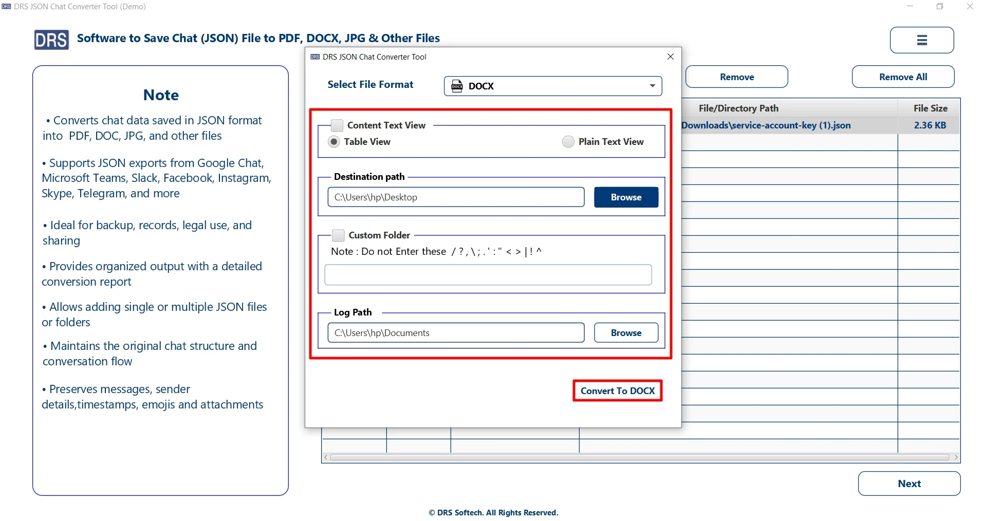 Finally, set filters, path to save the file, and click Convert to DOCX
