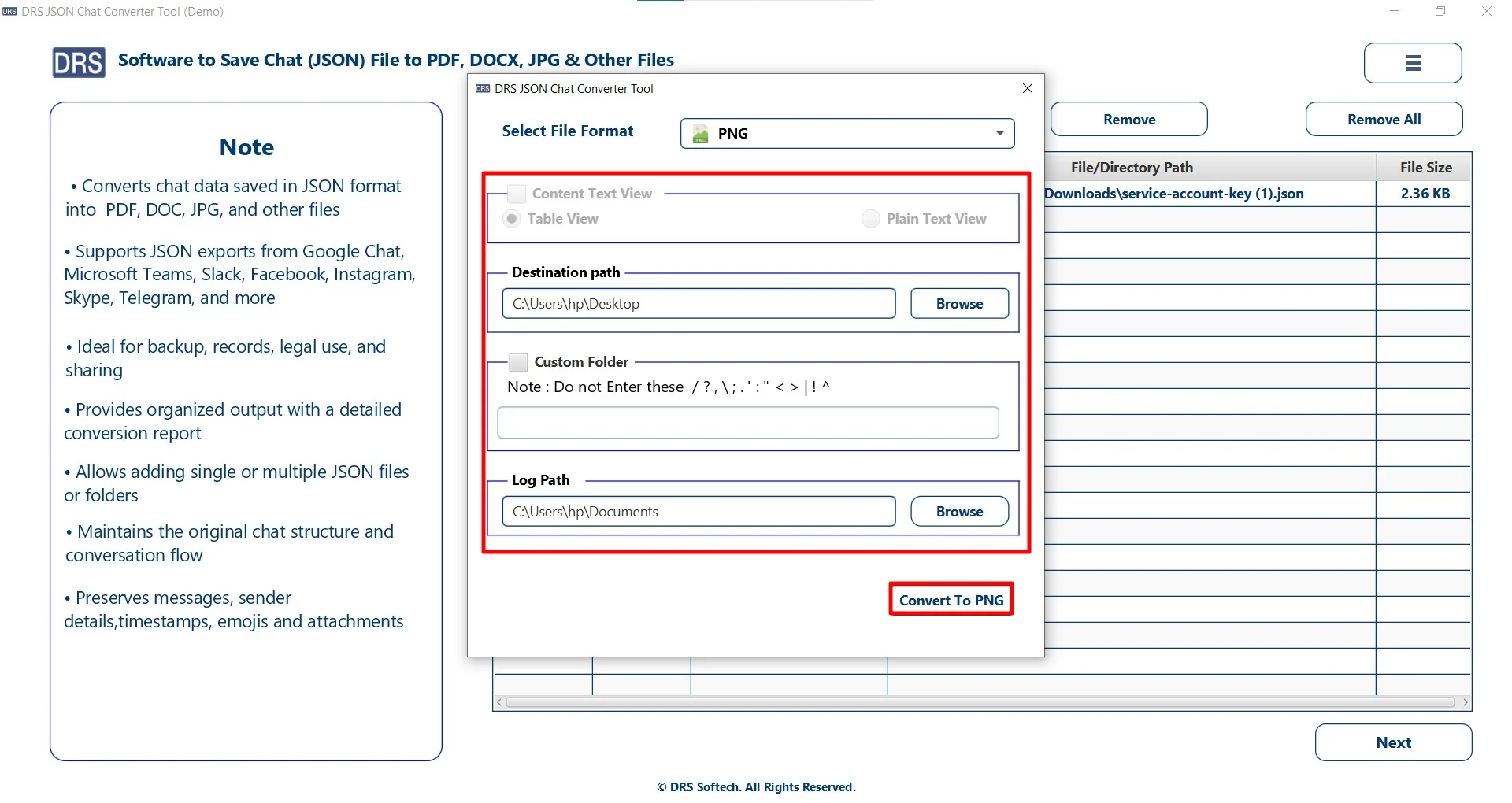 Apply filters, set the destination to save the file, and click Convert to PNG