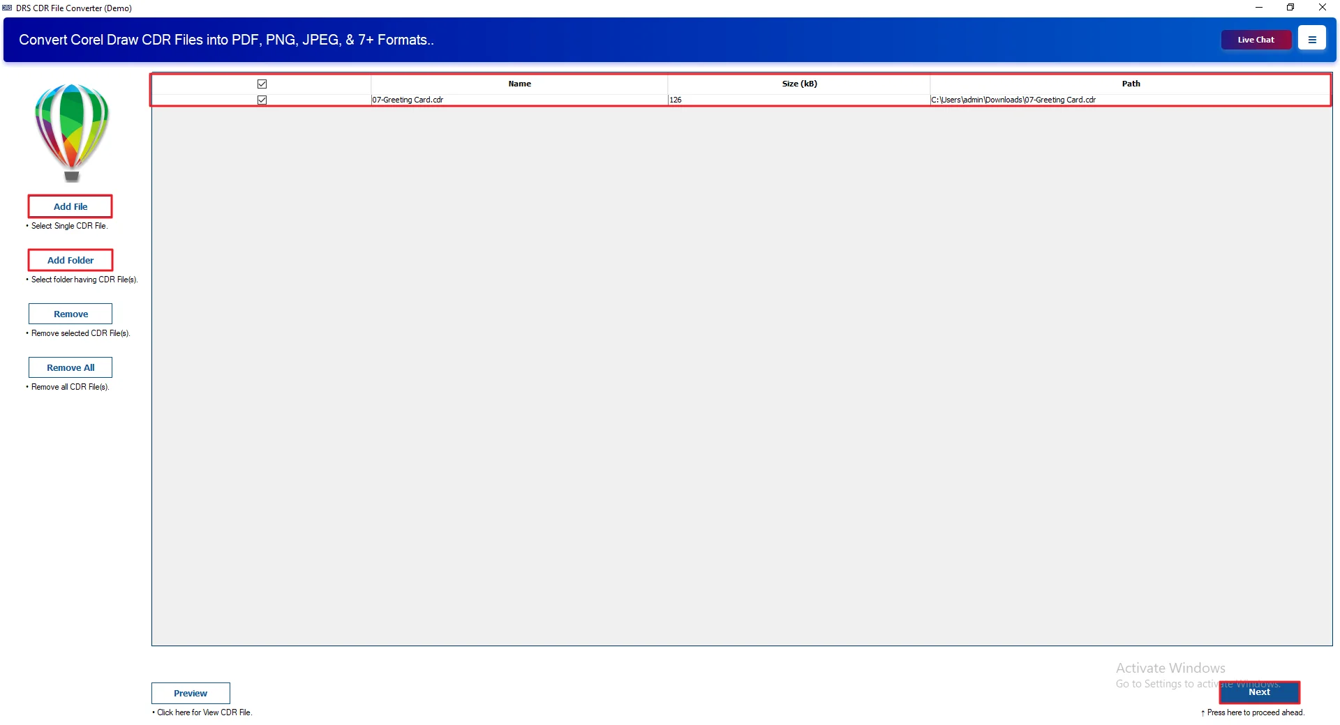 Click Add File/Add Folder to load the CDR files. Hit Next
