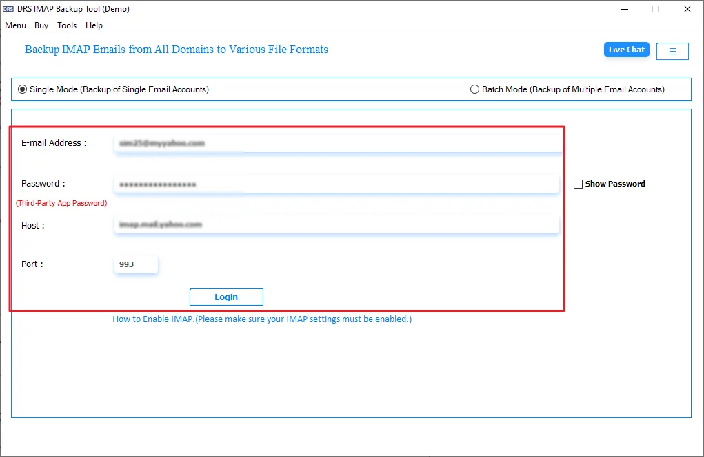 provide your IMAP credentials and log in