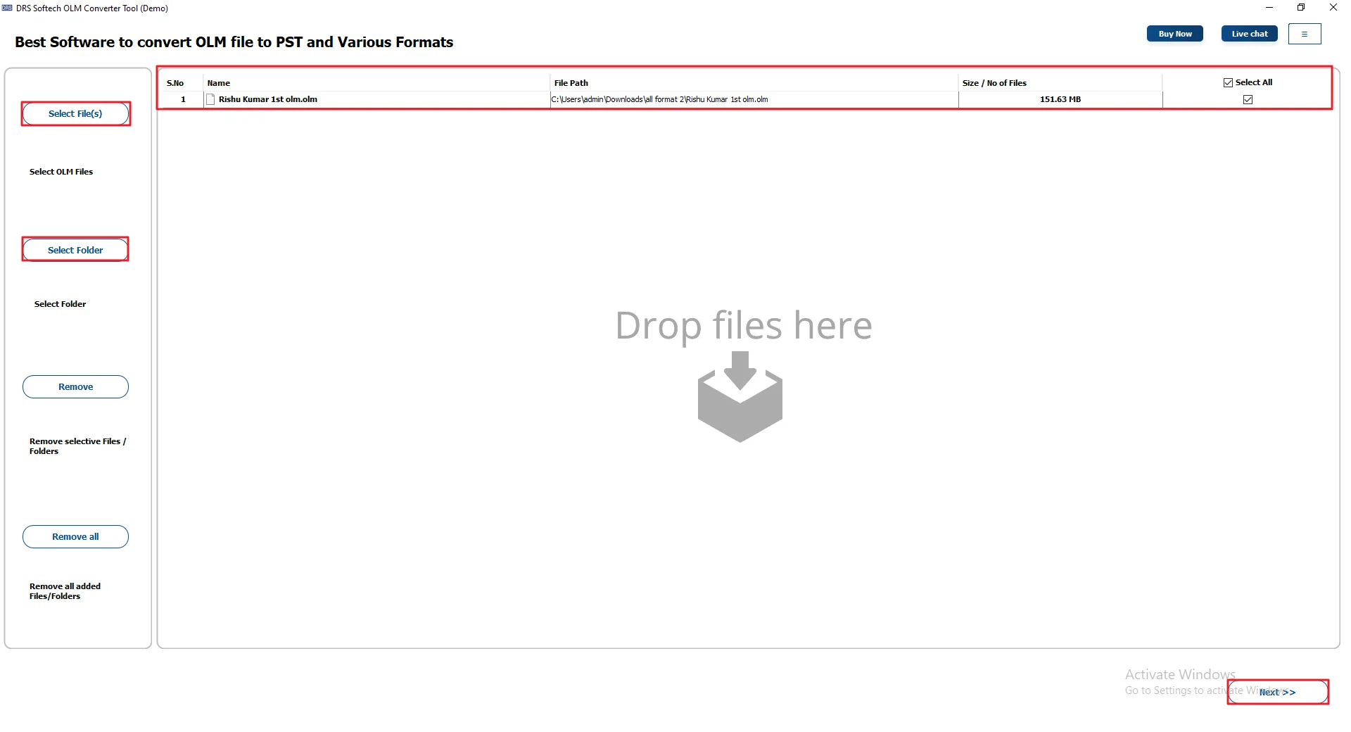 Click Select Files/Select Folder to load the OLM files