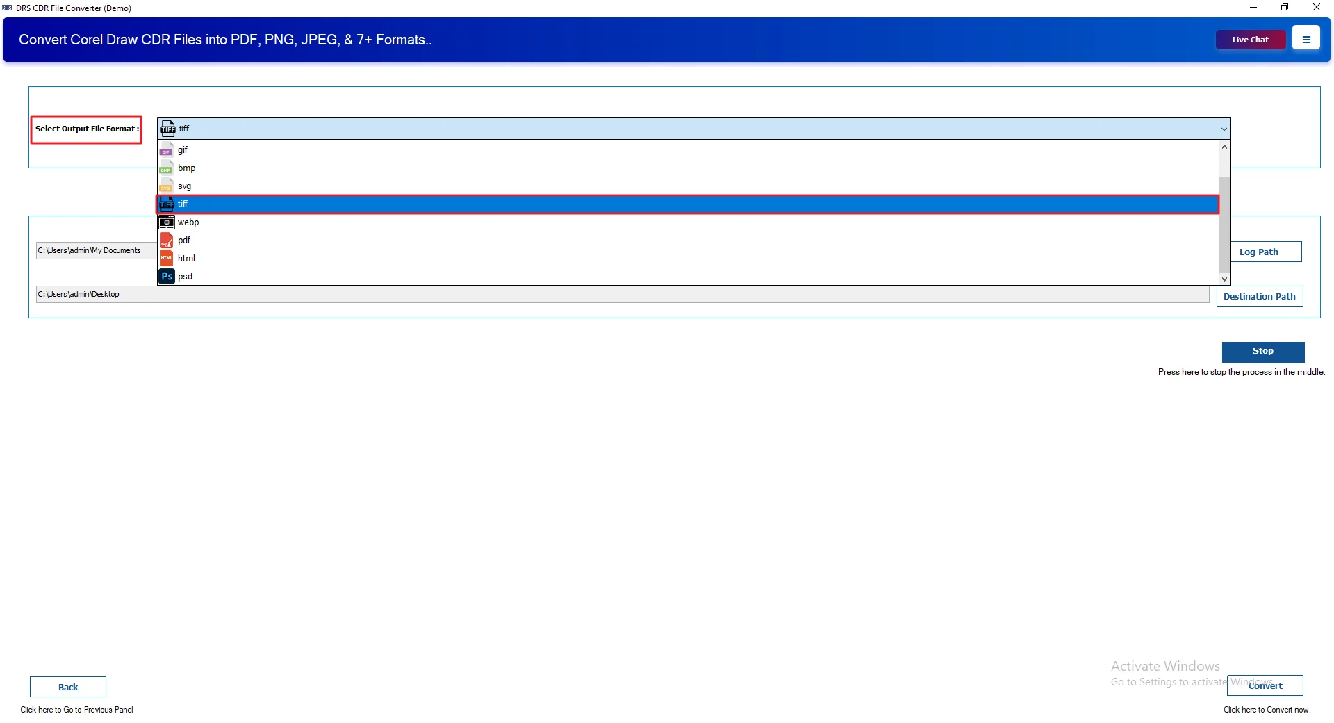 Choose TIFF as the output file format