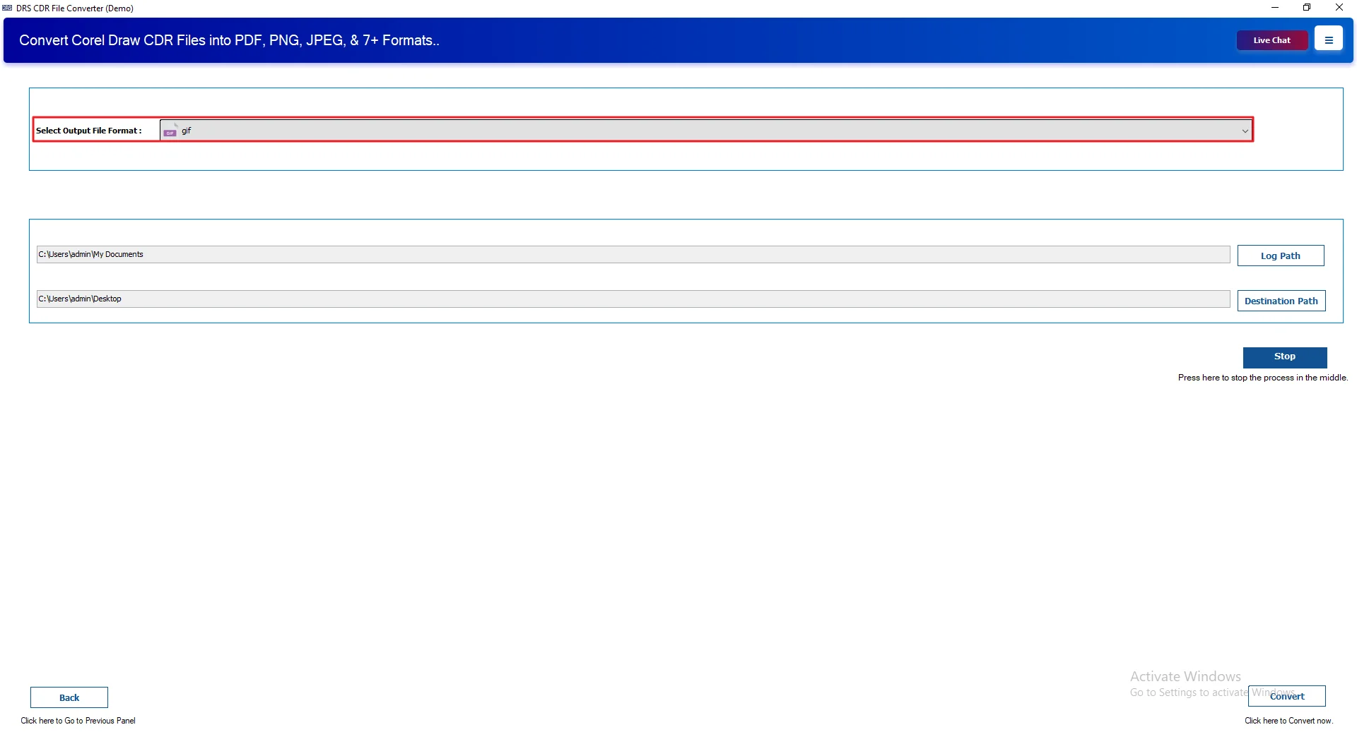 Select the output file format as GIF
