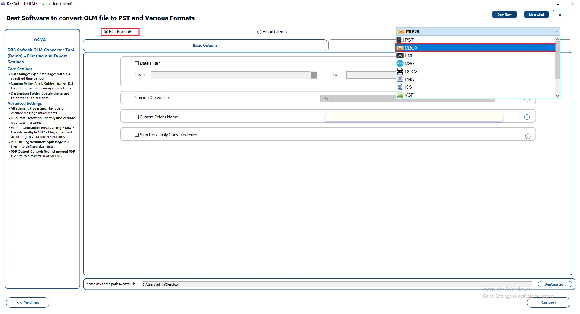 Select MBOX as a file format from the list of options.