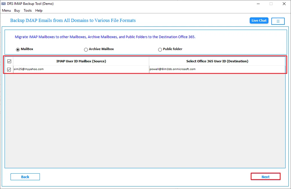 Select the required mailbox and click on Next