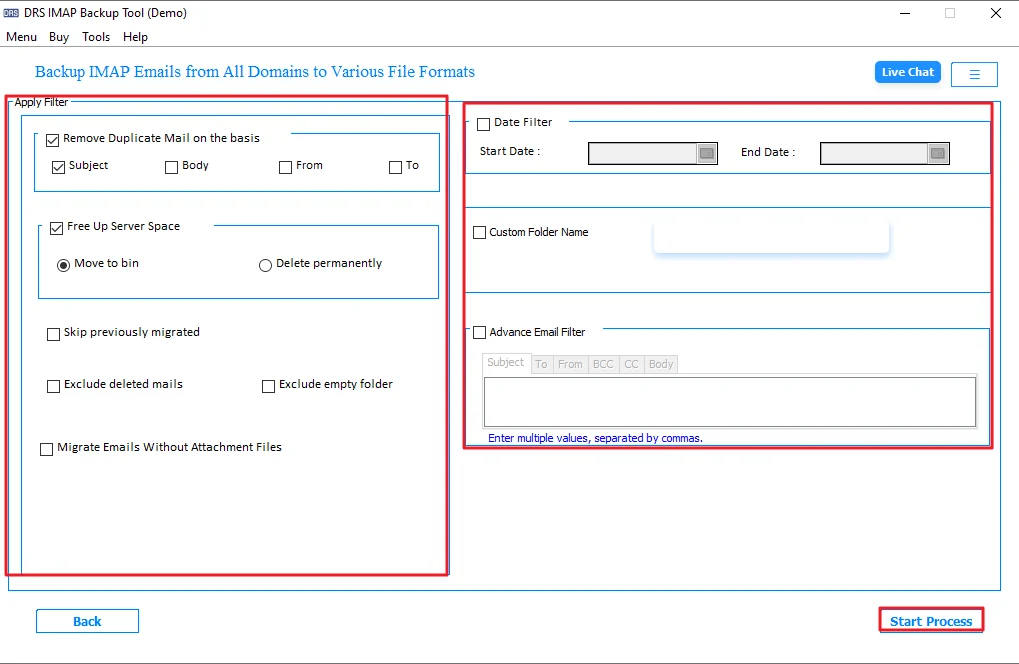 apply filters if needed and start the migration process