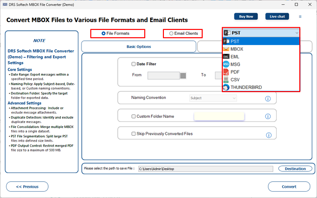 Choose the required saving format from the available output options.
