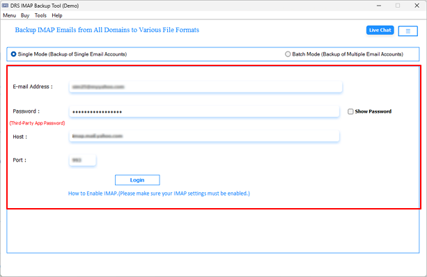 Choose Single Mode or Batch Mode and enter the source IMAP account credentials.