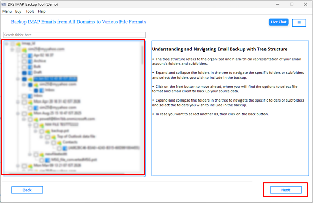 Review the mailbox folder structure, select the required folders, and proceed by clicking Next.