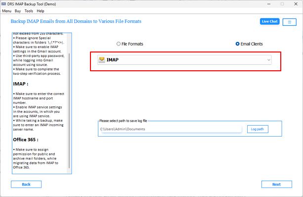 Now, you simply need to pick IMAP from the email client drop-down list & press Next.