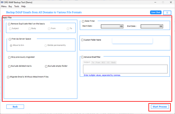 Finally, you need to configure filters and click Start Process to transfer emails between IMAP servers.