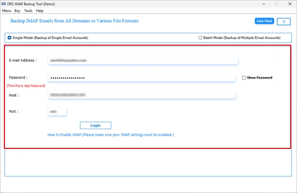 Enter the Kerio Connect server address, port, and login credentials.