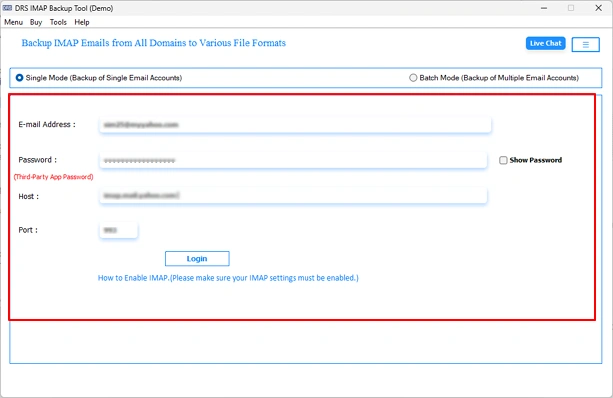 Enter your eM Client IMAP server credentials to authenticate the source account.